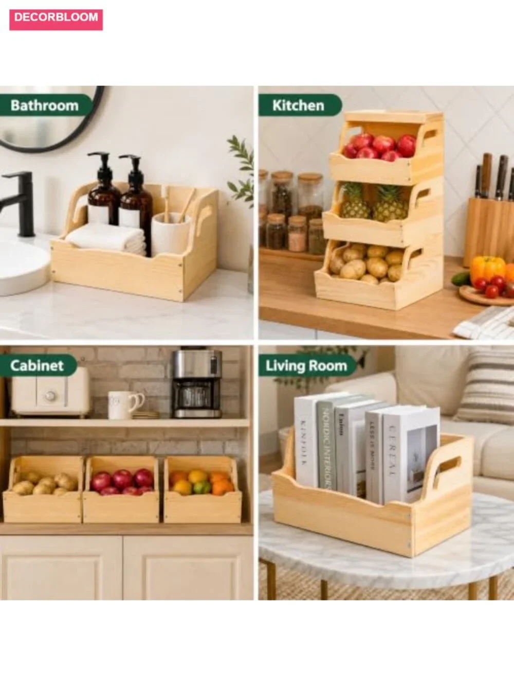 Wood Potato Onion Storage Bin 3 Tier Stackable Open Front Kitchen Organizer